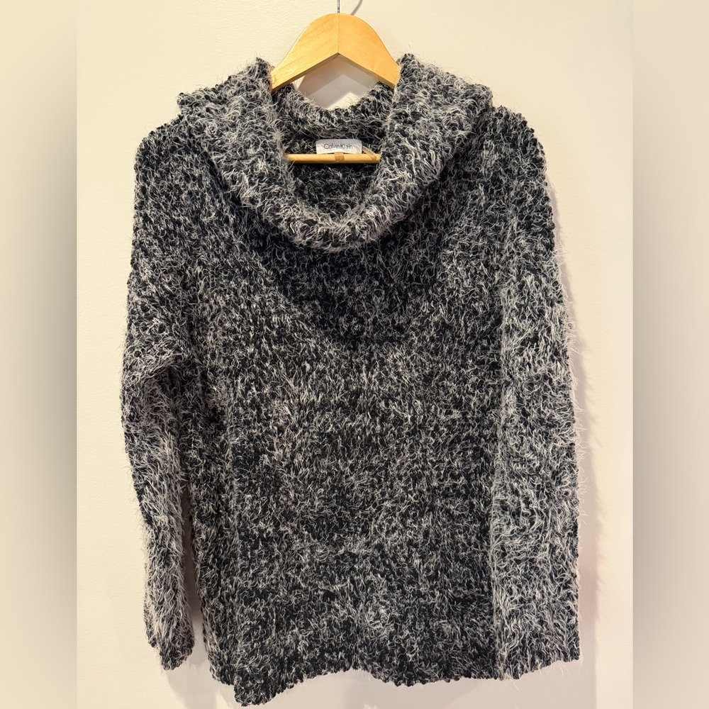 Calvin Klein Women's Fuzzy Black and Gray Cowl Textured Sweater Medium